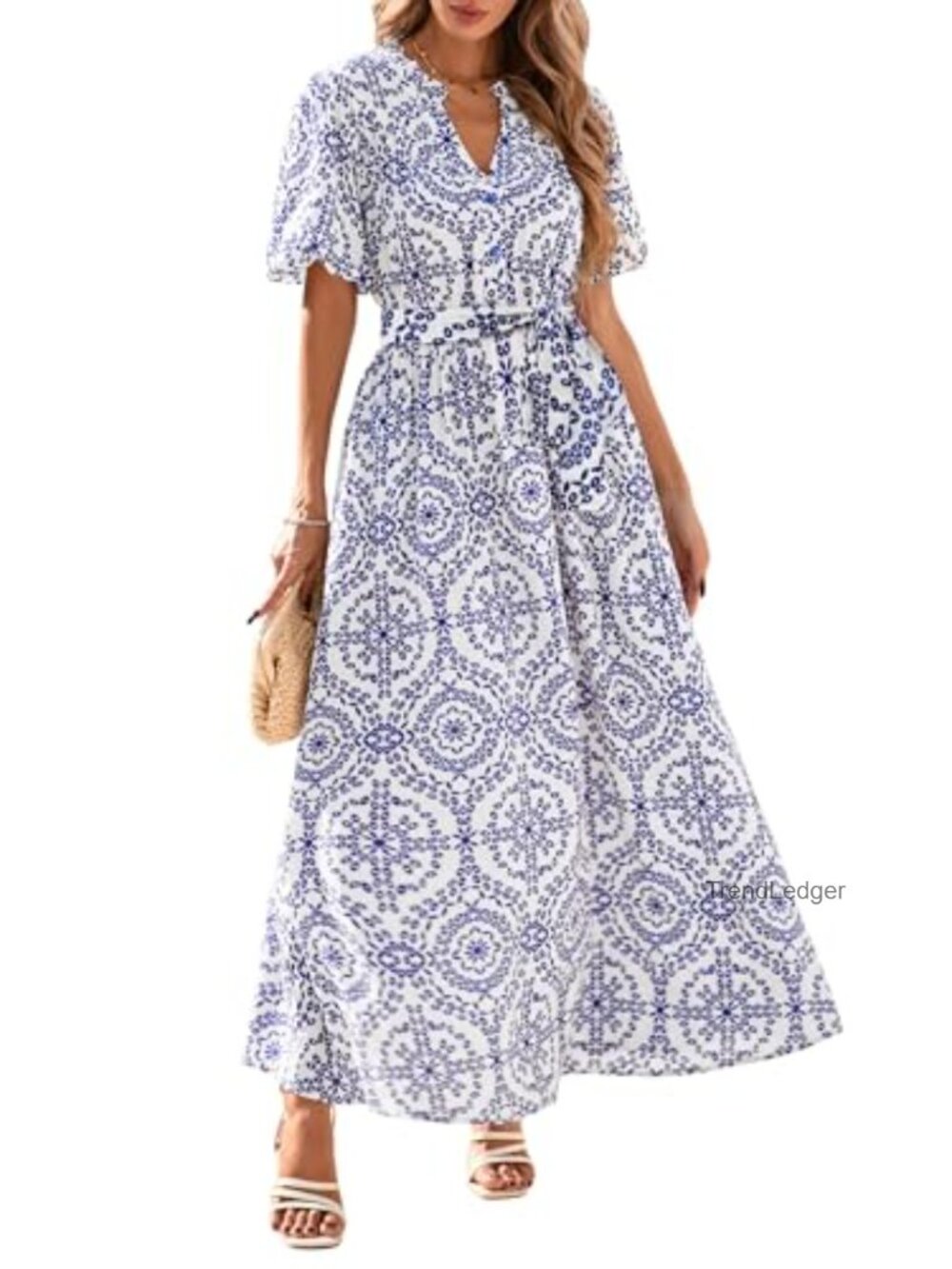 Boho Floral Maxi Dress with Puff Sleeves V-Neck Button Down Flowy Beach Dress